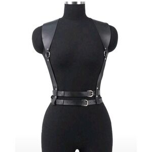 Black Faux Leather Harness Body Chest Straps Belt Adjustable Buckles for‎  Women
